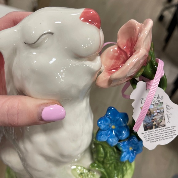 Blue Sky Clayworks Easter Bunny Smelling Pink & Blue Flower Ceramic NWT - Picture 6 of 8